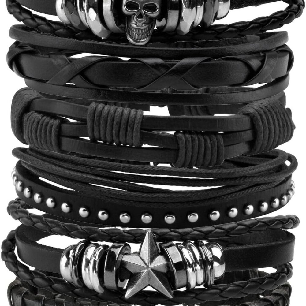 6Pcs Punk Leather Bracelets for Women Men Braided PU Wristband Skull Skeleton Ac